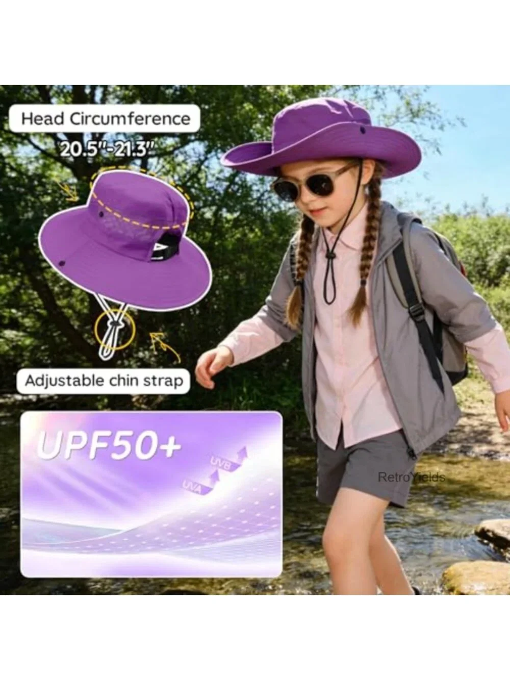 UPF 50+ Girls Sun Hat Ponytail Beach Bucket Hat Kids Fishing Hat